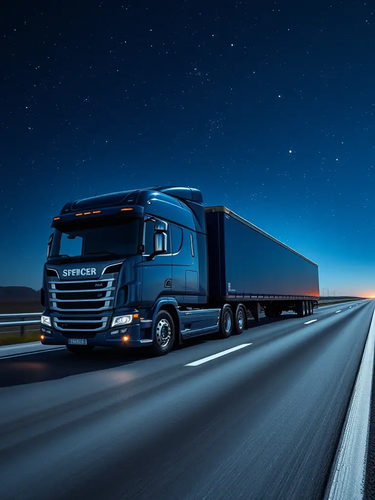 A high-resolution photograph of a Stancilsecuredlogistics semi-truck on a highway, emphasizing its size and capacity, with a clear blue sky in the background.