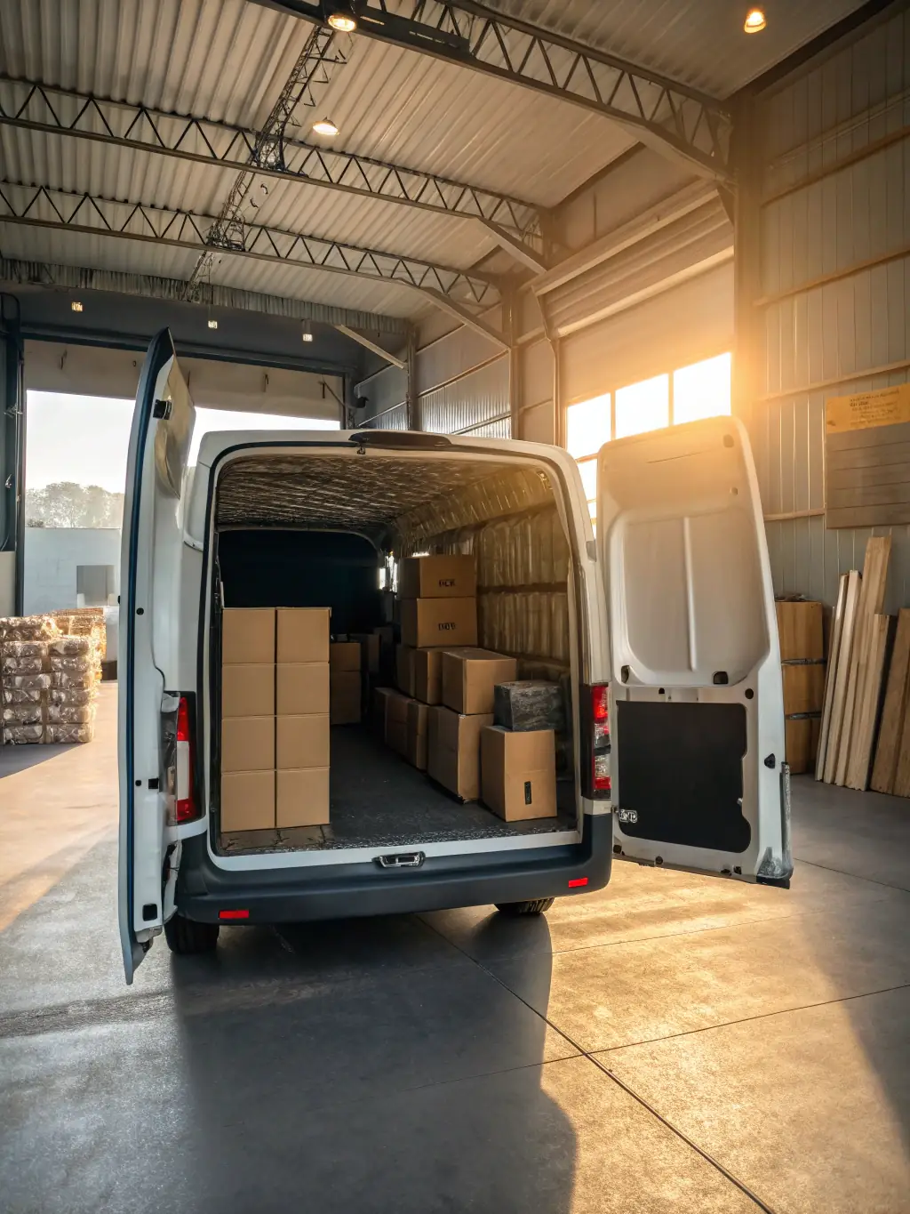 A clean and modern photograph of a Stancilsecuredlogistics cargo van parked in front of a warehouse, showcasing its versatility and ample storage space.
