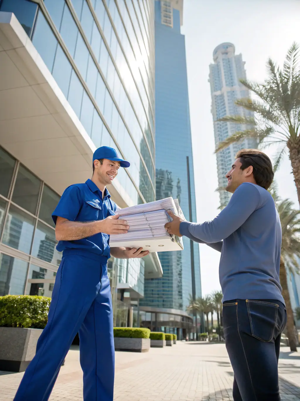 A courier wearing a Stancilsecuredlogistics uniform delivering a package to a business office in downtown Miami, Florida, during daylight.
